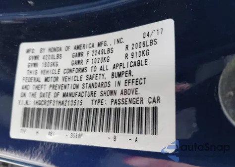 2017 Honda Accord Lx from USA, damaged, VIN 1HGCR2F31HA213515